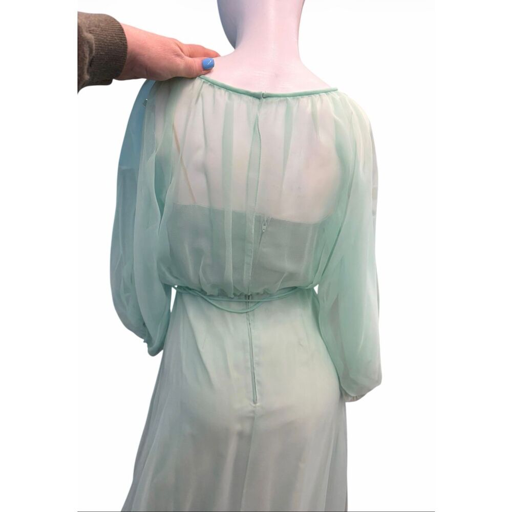 Vintage 70’s Sea Foam Green Blue Overlay Chiffon Goddess Gown Women’s Size XS Ma - Picture 7 of 14